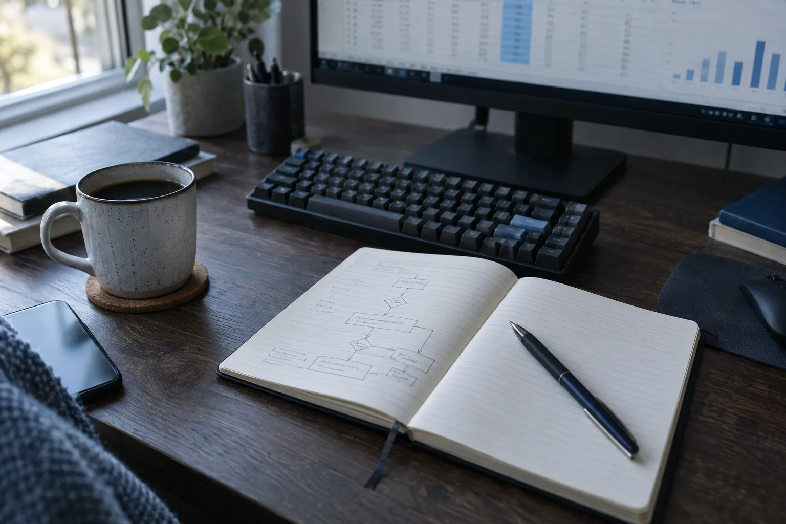 Mesa de trabalho com um caderno aberto mostrando um fluxograma desenhado à mão, teclado e, ao fundo, um monitor com uma planilha.