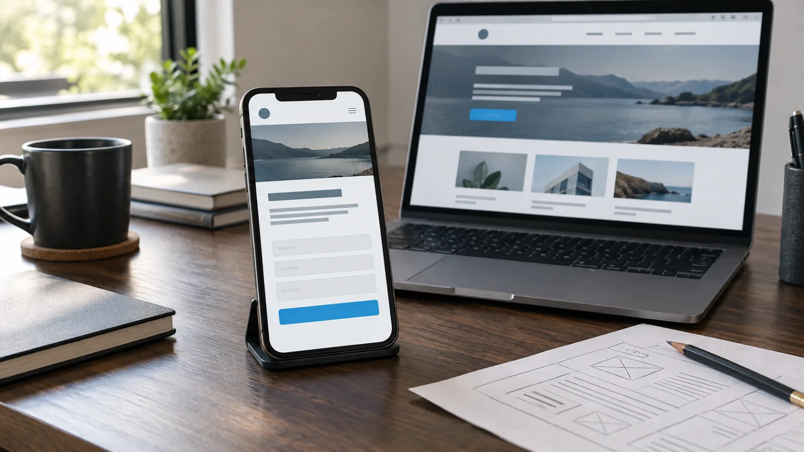 Celular com formulário de contato de um site ao lado da versão para computador