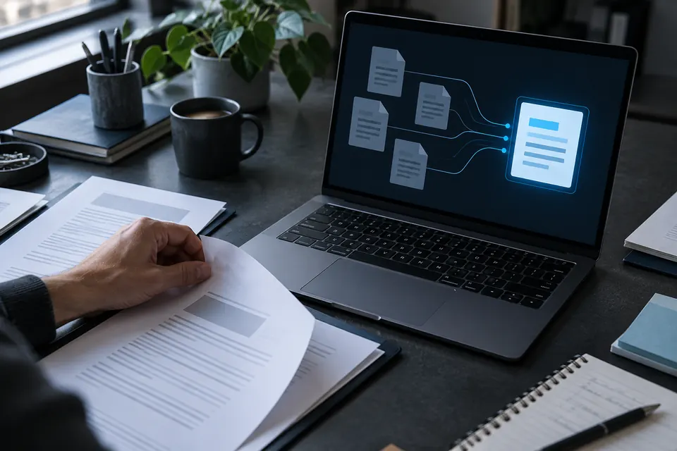 Documentos de trabalho ao lado de um painel que reúne informações em uma resposta