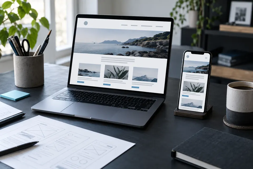 Site exibido em um computador e em um celular ao lado de esboços de páginas